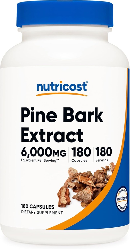 Nutricost Pine Bark Extract 6000mg Ισοδύναμο (από 300mg του 20:1 Extract), 180 κάψουλες, Standardized to Contain 95% Proanthocyanidins - Χορτοφαγικά, Μη ΓΤΟ και Χωρίς Γλουτένη