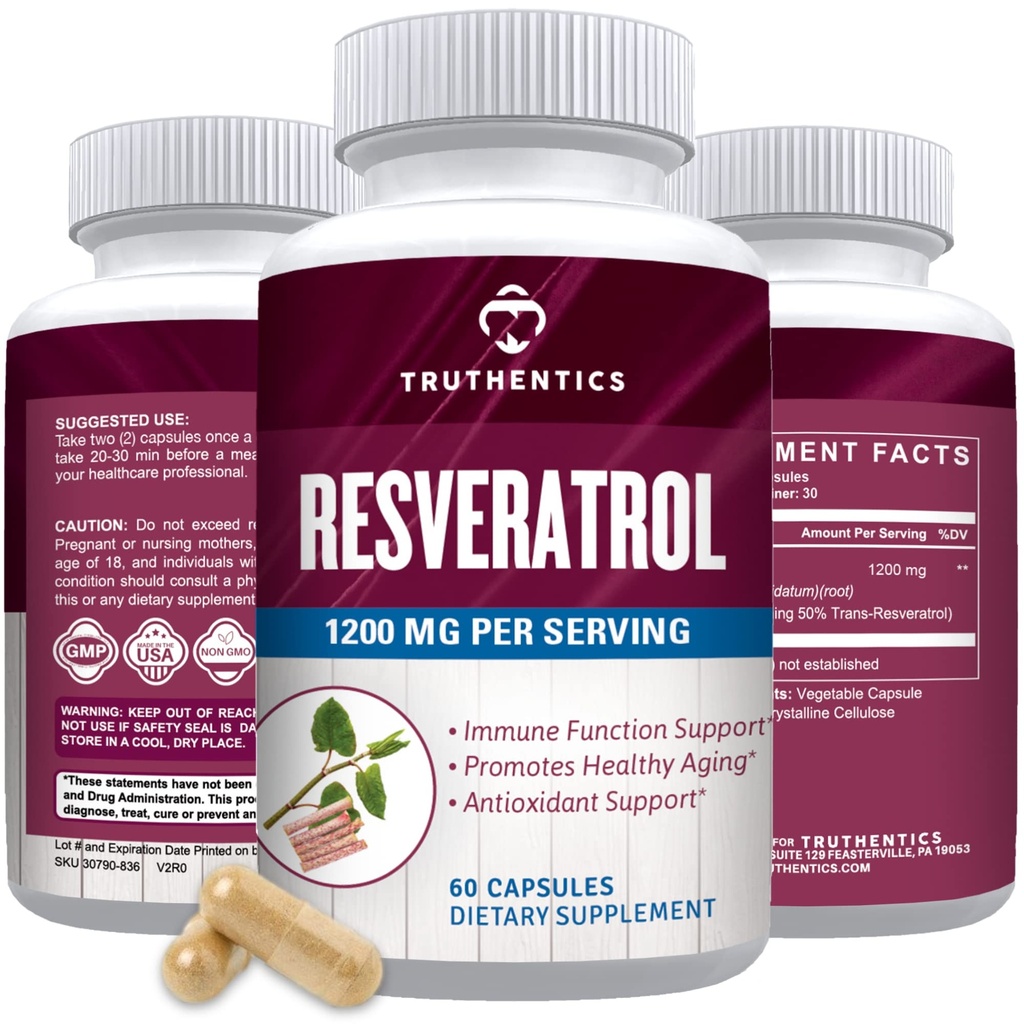 TRUTHENTICS συμπλήρωμα ρεσβερατρόλης 1200mg - Ιαπωνικές κάψουλες Knotweed - Υψηλή ισχύς Trans Resveratrol διατροφικά συμπληρώματα για την υγιή γήρανση, δονούμενη επιδερμίδα & ανοσοποιητική υγεία - 60 κάψουλες Vegan