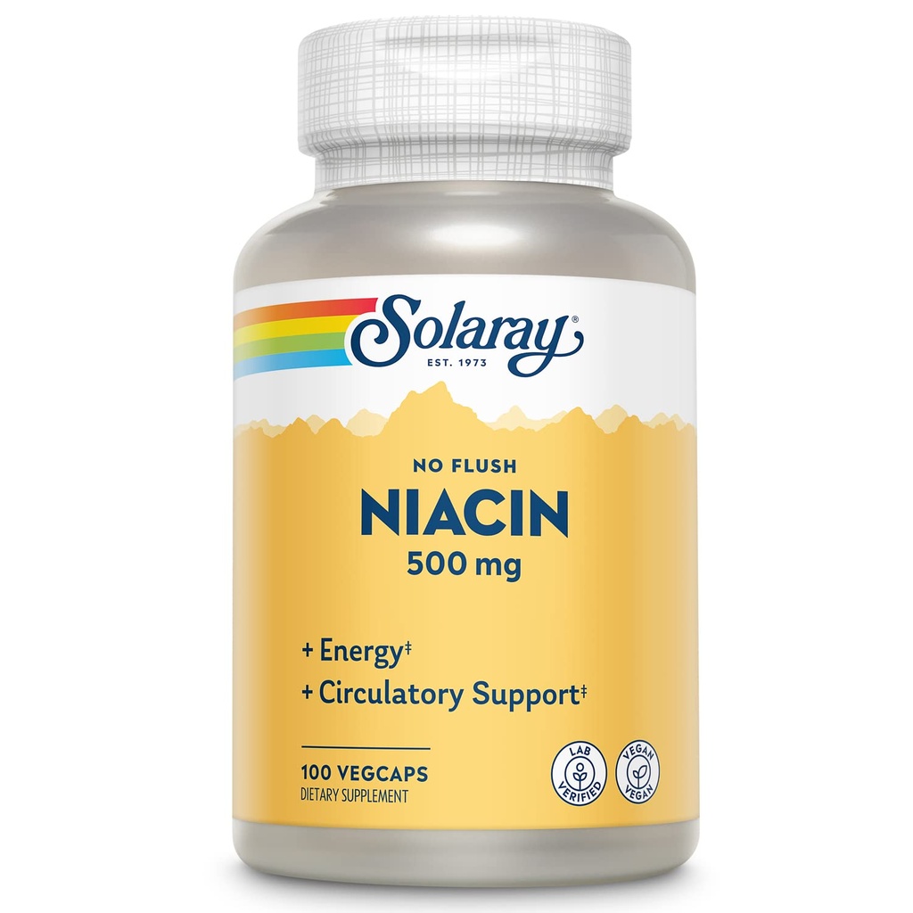 SOLARAY No Flush Niacin 500mg, Flush-free Βιταμίνη B3 Niacin, Ενέργεια και Circulatory System Support, Vegan, Lab Επαληθευμένο, 60 ημερών εγγύηση επιστροφής χρημάτων, 100 εξυπηρετήσεις, 100 VegCaps