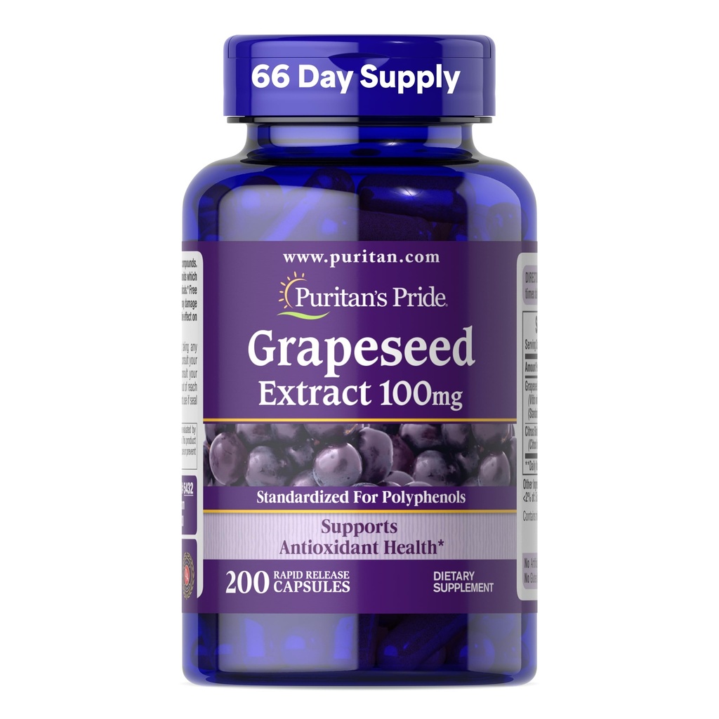 Puritan's Pride Grapeseed Extract 100mg με Citrus Bioflavonoid Complex, Συμπλήρωμα διατροφής για την αντιοξειδωτική και καρδιακή υποστήριξη υγείας, 200 κάψουλες ταχείας απελευθέρωσης