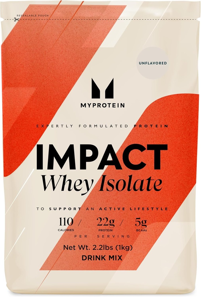 Myprotein Impact Whey Protein Isolate, 2.2 Lbs (40 μερίδες) Άγευστη, 22g πρωτεΐνη, 3.5g Γλουταμίνη & 4.5g BCAA ανά υπηρεσία, Shake για μυϊκή δύναμη & ανάκτηση