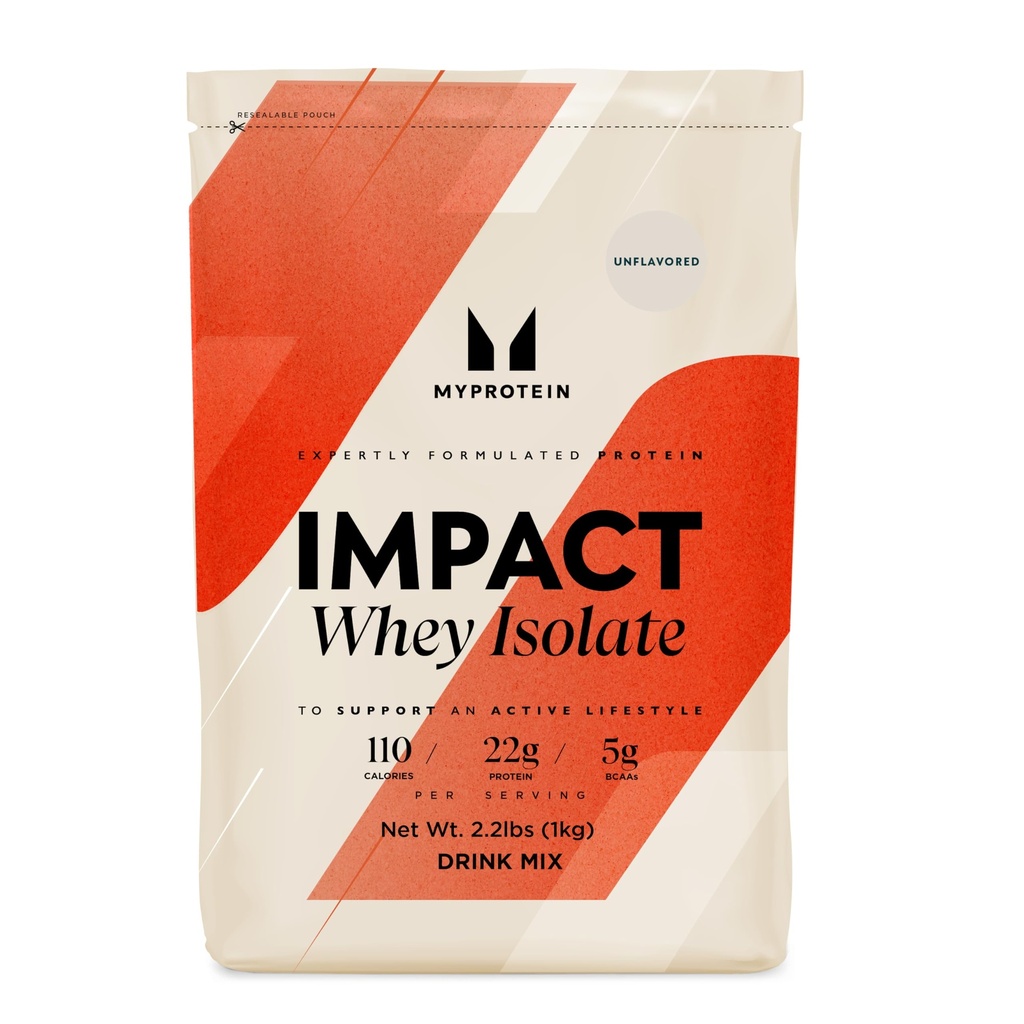 Myprotein Impact Whey Protein Isolate, 2.2 Lbs (40 Servings) Unflavored, 22g Protein, 3.5g Glutamine & 4.5g BCAA Per Serving, Shake for Muscle Strength & Recovery
