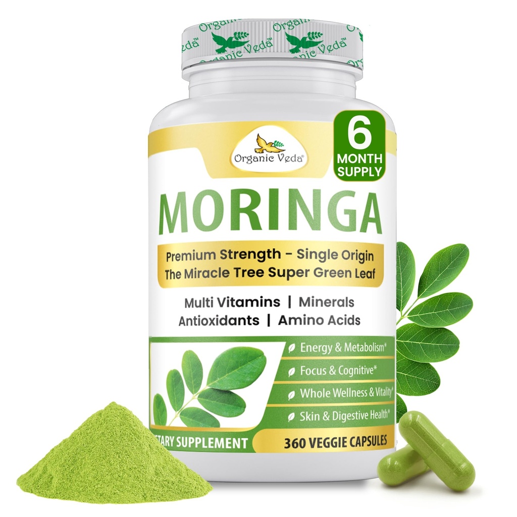 Βιολογικές κάψουλες Veda Moringa Leaf Powder, 1000mg, 360 Count - True Green Native Organic Moringa Oleifera, Premium Strength Nutrient Dense 100% Pure Leaves - Ενέργεια, Ύπνος & Ανοσία Υποστήριξη - Vegan