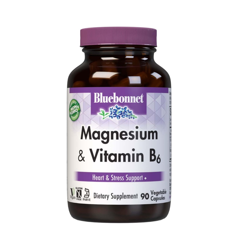Διατροφή Bluebonnet Μαγνήσιο & B6 – 400 mg Οξείδιο του μαγνησίου & Ασπαρτικό με Βιταμίνη B6 25 mg – Σύμπλεγμα Μαγνησίου Καρδιάς & Εγκεφαλικού για Γυναίκες & Άνδρες* - Μη-ΓΤΟ, Vegan, Χωρίς Γλουτένη - 90 Καψάκια Φυτικών