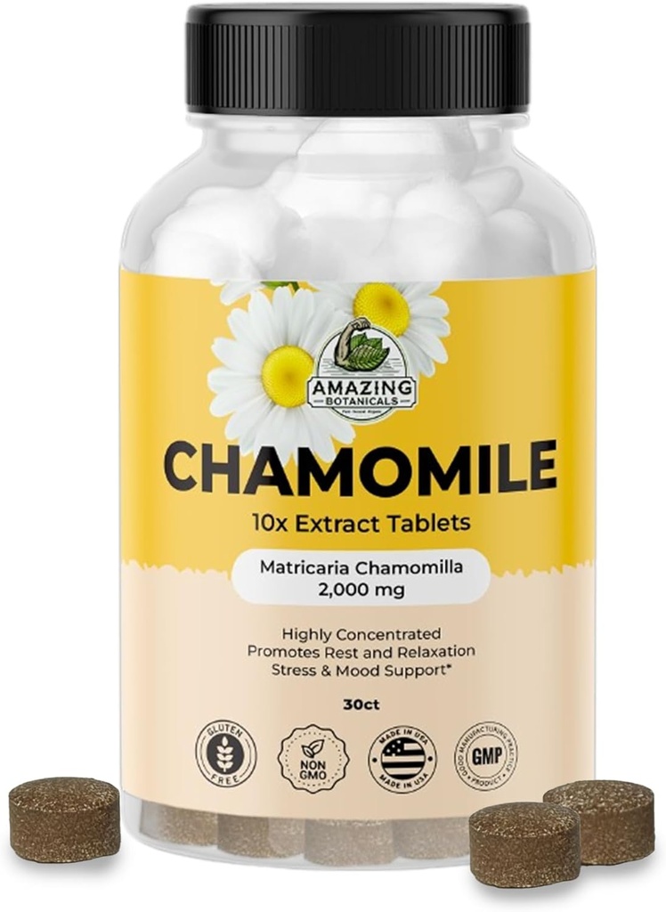 Amazing Botanicals Βιολογικά δισκία εκχυλίσματος χαμομηλιού - Matricaria Chamomilla Plant- Based Supplement - 10x Extract 2000 MG Κάθε - Προάγει την χαλάρωση - 30 δισκία