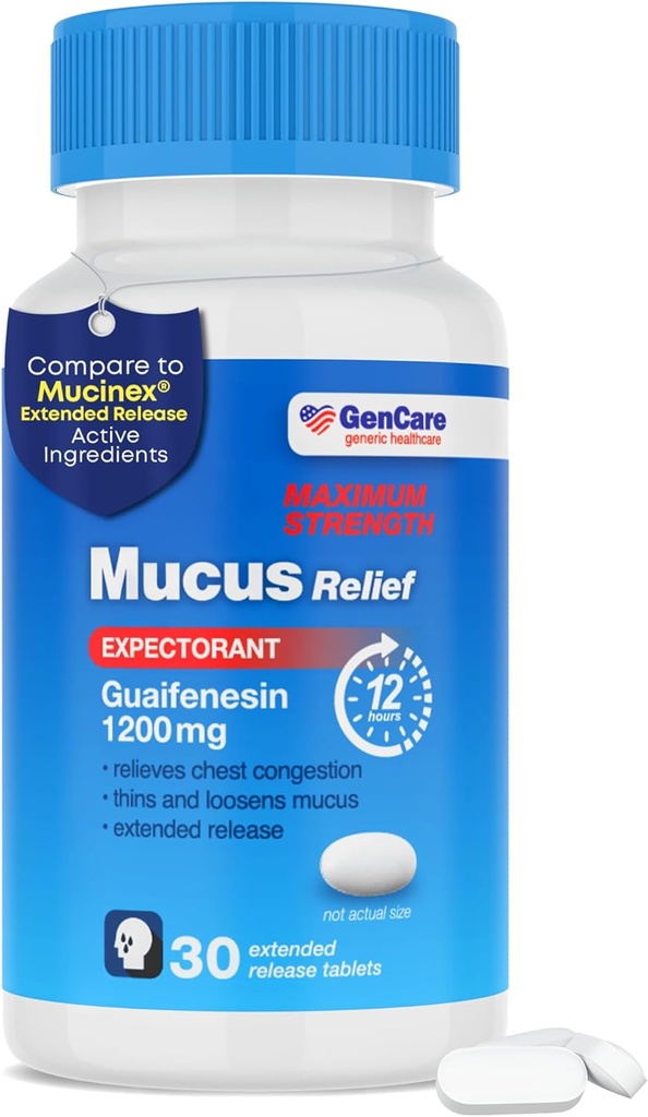 GenCare Mucus Relief 1200 mg Μέγιστη Ισχύς (30 Count) 1200mg Guaifenesin Δισκία Εκτεταμένης Απέλασης – Προσδοκητικό για ανακούφιση από τη δυσπεψία των ενηλίκων – Σύγκριση με τη Μέγιστη Ισχύ 12 ωρών