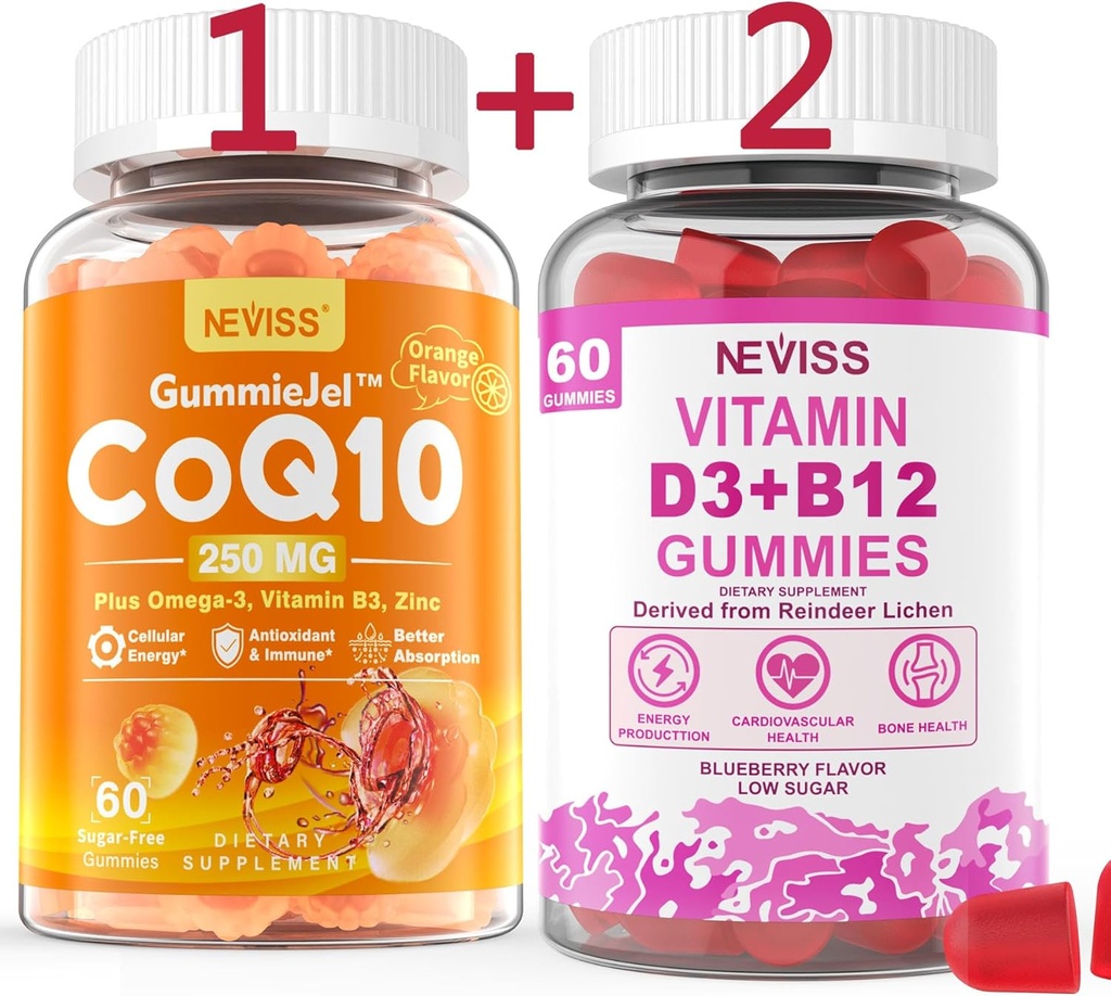 Χωρίς ζάχαρη NAVIS CoQ10-250mg Γεμισμένα Gummies,60Cts + Βιταμίνη Vegan D3 5000IU & Μεθύλιο B12 1000mcg Gummies, 120Cts