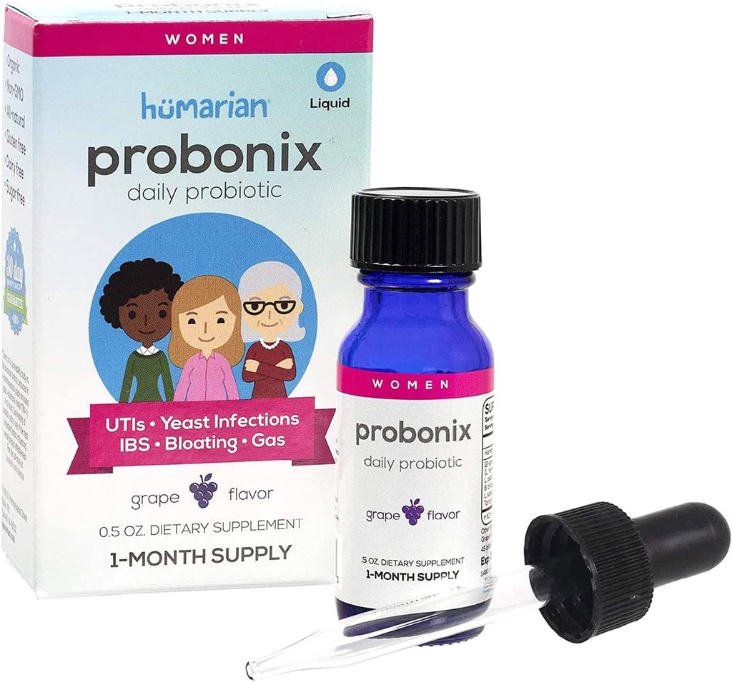 Probonix Humarian Υγρά Προβιοτικά για τις γυναίκες - 12-Στρέιν Προβιοτικές σταγόνες για να οχυρώσει την υγεία των γυναικών, Κολπική Υγεία, Ασυλία και Συνολική Ευεξία - 30-Ημέρα προσφοράς - Νόστιμη Γεύσεις Σταφυλιού