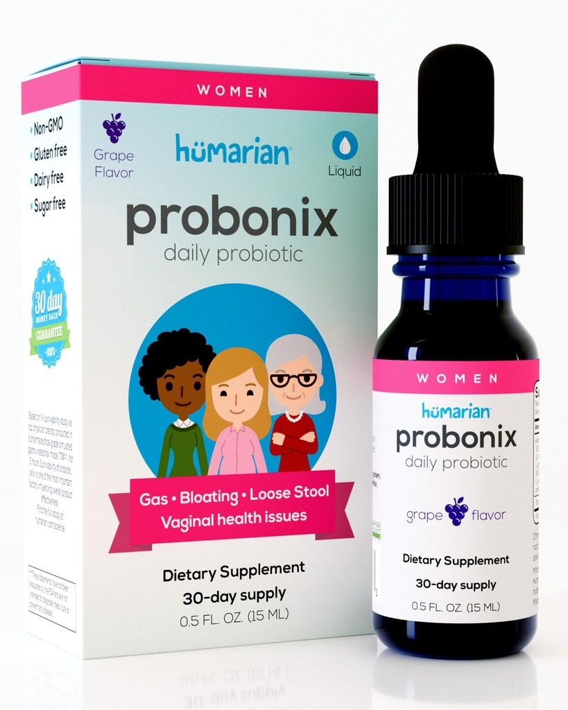 Probonix Humarian Liquid Probiotics for Women - 12-Strain Probiotic Drops to Fortify Women’s Gut Health, Vaginal Health, Immunity and Overall Wellness - 30-Day Supply - Delicious Grape Flavor