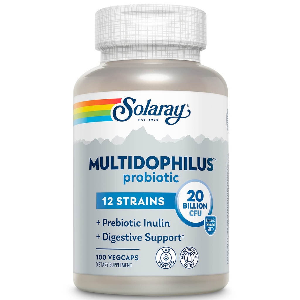 SOLARAY Multidophilus 12 Προβιοτικό στεφάνη 20 Δισεκατομμύρια CFU, Προβιοτικά για την Digestive Υγεία και την Υγεία των Ούλων, Προβιοτική Ινουλίνη, Όχι Γαλακτοκομικά, 50 Serv, 100 VegCaps