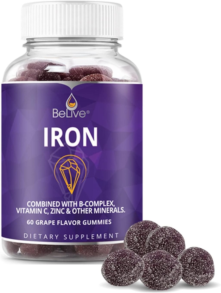 BeLive Iron Gummies - Multivitamin Supplement with Vitamin C, A, B & Zinc, Supports Blood Oxygen, Vegan Iron Supplements for Women, Men & Kids for Growth and Development - Grape Flavor | 1-Pack