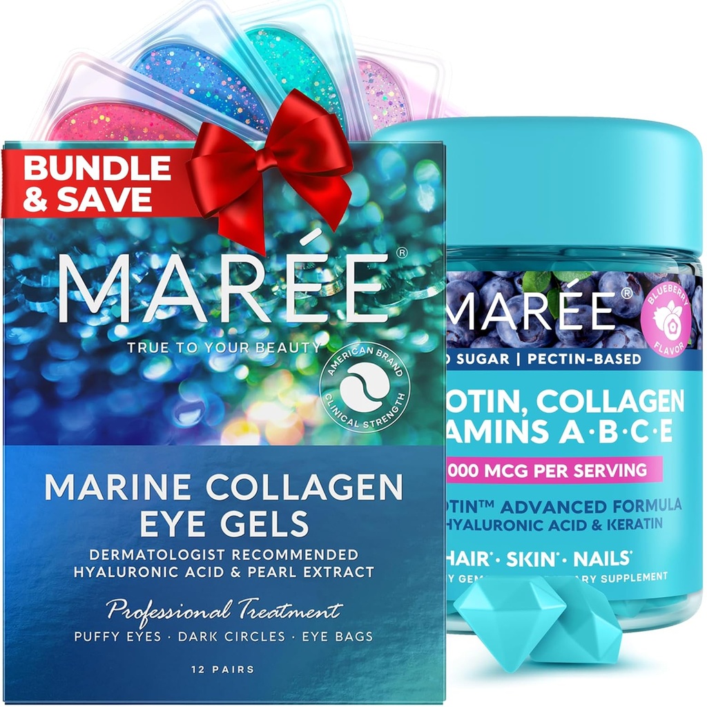 MarEE Beauty Bundle - Under Eye Gels & Biotin Gummies - Θαλάσσιο κολλαγόνο & Υαλουρονικό οξύ, A B C E Βιταμίνες Σύμπλεγμα με κερατίνη & παντοθενικό οξύ - De-puff Eyes & Σκοτεινοί κύκλοι, δέρμα, νύχια & μαλλιά