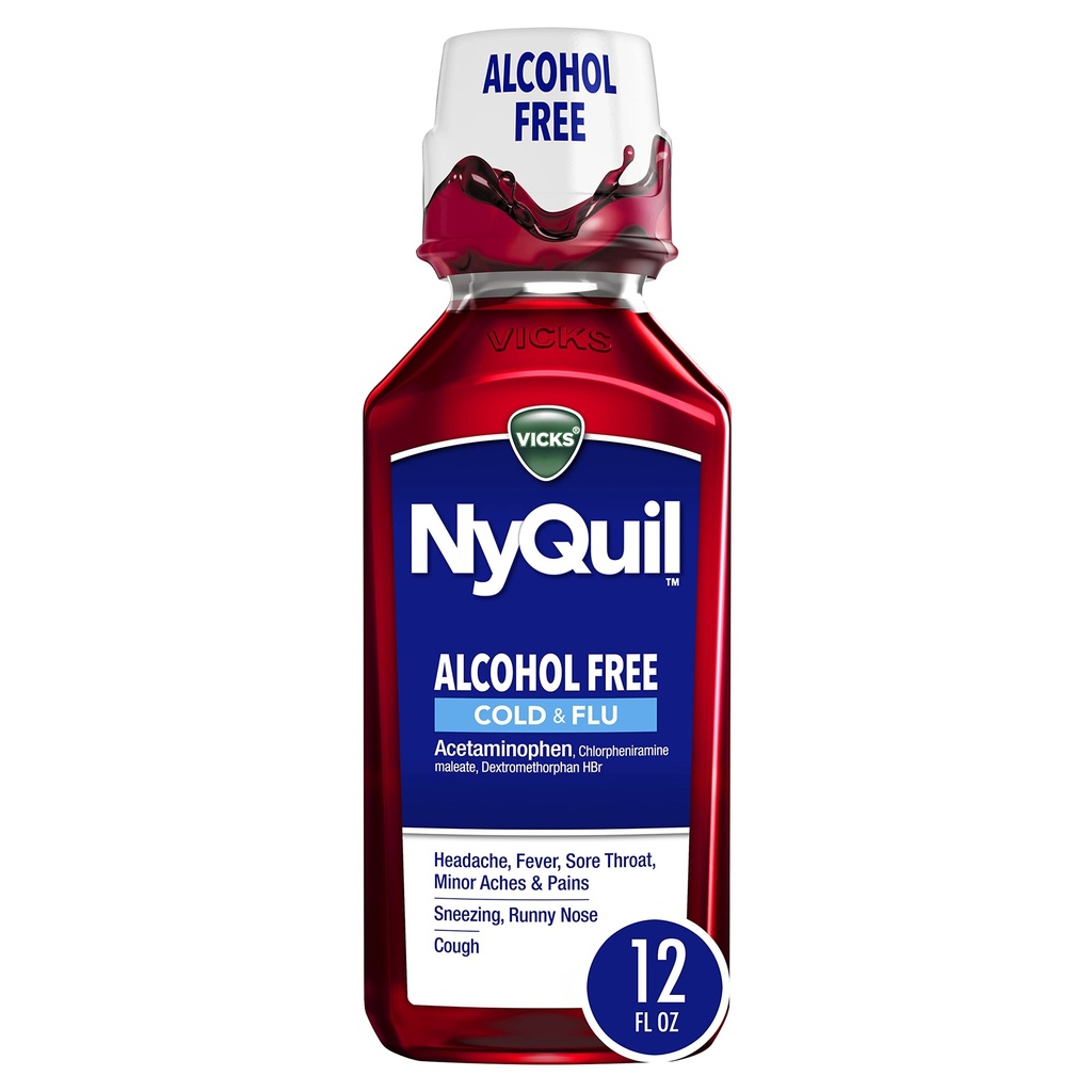 Vicks NyQuil, Alcohol Free, Cough, Cold & Flu Relief, Sore Throat, Fever & Congestion Relief, Berry, 12 Fl Oz