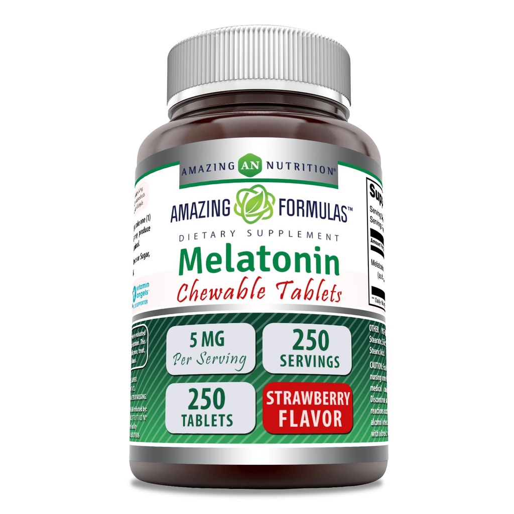 Amazing Formulas Melatonin Chewable Supplement | 5 Mg Per Serving | 250 Tablets | Non-GMO | Gluten-Free | Made in USA (Strawberry)