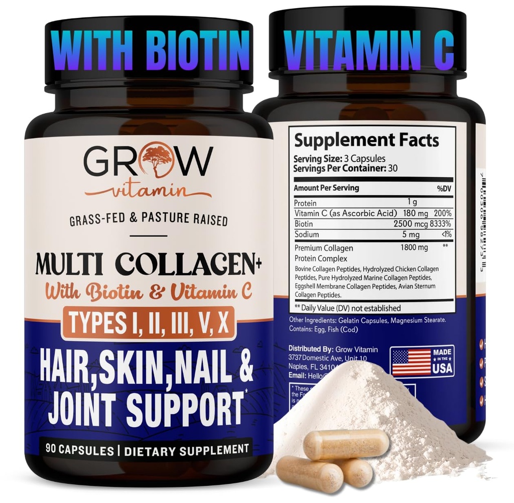Καλλιέργεια βιταμίνης Multi Collagen Κάψουλες 1800MG (Τύποι I, II, III, V & X) - Μη ΓΤΟ, Grass Fed Collagen - Αντι γήρανση Υποστήριξη για τα μαλλιά, δέρμα, νύχια - χάπια πρωτεΐνης για κοινή υποστήριξη - 90 κάψουλες