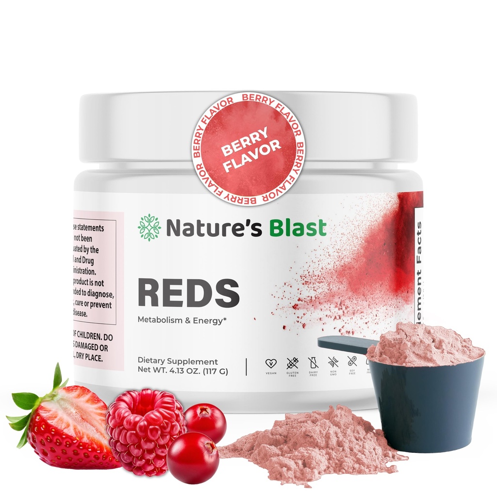 Ερυθρά - Μεταβολισμός και ενέργεια Superfood σκόνη με 23 κόκκινα φρούτα, 4 προσαρμογόνα, προβιοτικά & ένζυμα - Vegan Αντιοξειδωτικό Blend, 1 φιάλη