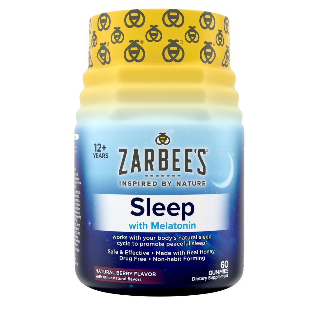 Zarbee's Melatonin Gummies 3mg Sleep Supplement to Promote Peaceful Sleep, Natural Mixed Fruit Flavor, Adults Gummy Age 12 Up, 60 Count