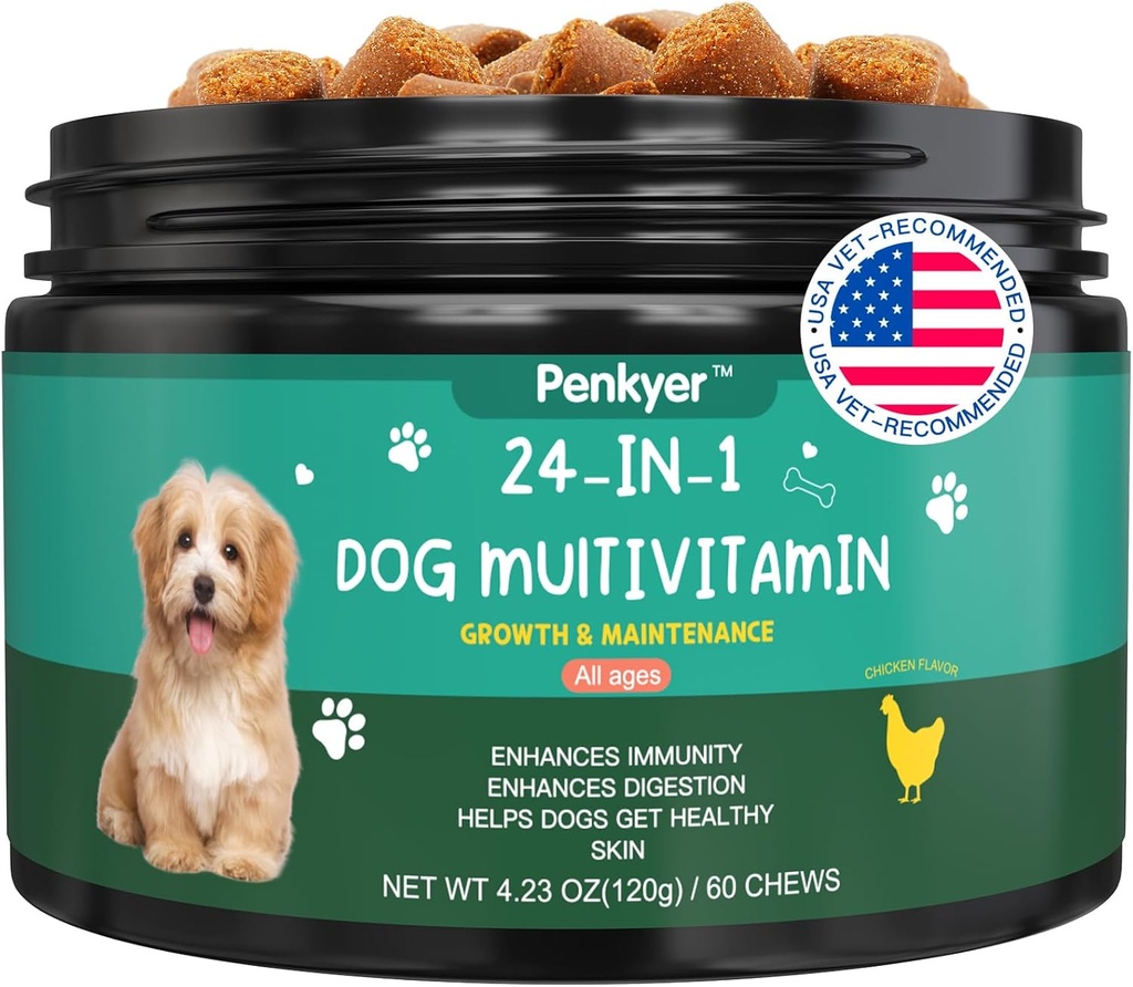 Dog Multivitamin Chewable Vitamins for Dogs with Glucosamine Chondroitin Multivitamins Chews Puppy Treats Skin Coat Heart Health Pet Hip & Joint Support Supplements for Dog Immunity Mobility Energy