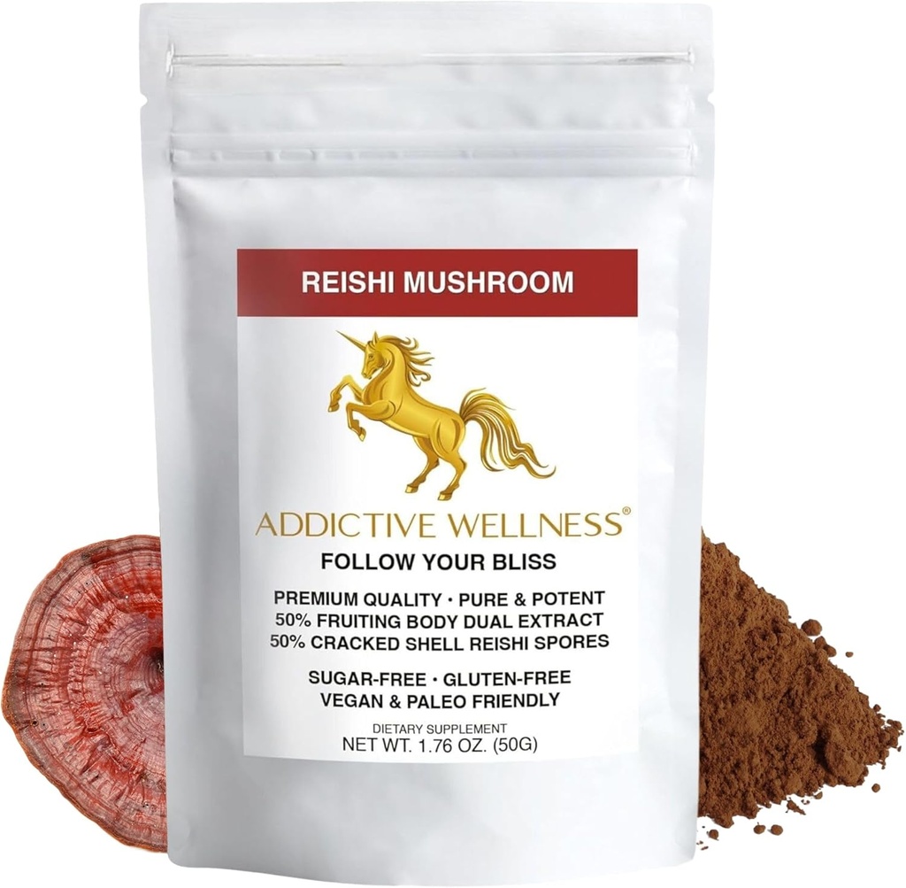 Addicive Wellness Reishi Mushroom Extract Powder + Spores (50/50 Blend) Ξύλο Καλλιεργείται καθαρό & ισχυρό Wildcraft Ganoderma 50g (1,76 oz)
