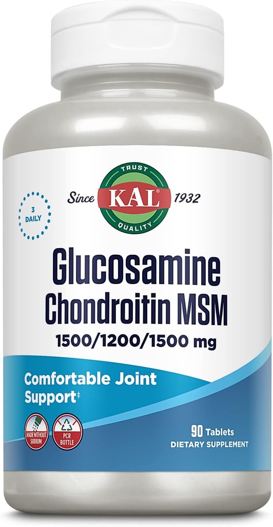 KAL Glucosamine Chondroitin MSM, κοινό συμπλήρωμα υποστήριξης για γυναίκες και άνδρες, 1500mg γλυκοσαμίνη Sulfate, 1200mg Chondroitin, 1500mg MSM, ταχεία αποσύνθεση, 60- ημέρες εγγύηση, 30 σερβιέτες, 90 δισκία