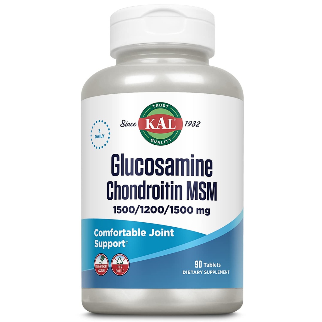 KAL Glucosamine Chondroitin MSM, κοινό συμπλήρωμα υποστήριξης για γυναίκες και άνδρες, 1500mg γλυκοσαμίνη Sulfate, 1200mg Chondroitin, 1500mg MSM, ταχεία αποσύνθεση, 60- ημέρες εγγύηση, 30 σερβιέτες, 90 δισκία
