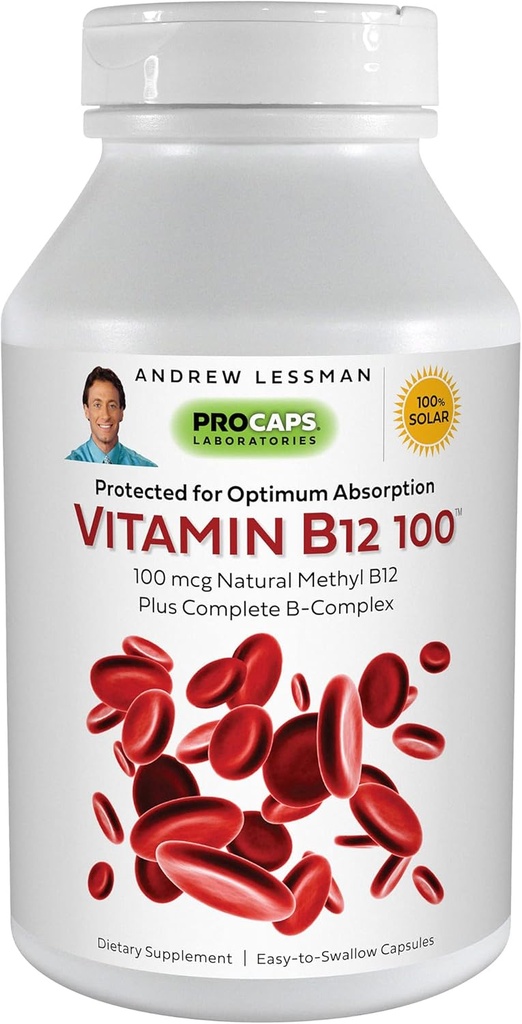 ANDREW LESSMAN Βιταμίνη B12 100 180 κάψουλες - Απορρόφηση-προστατευόμενη μεθυλοκοβαλαμίνη (Φυσικό συνένζυμο Βιταμίνη B12), Απαραίτητη για την ενέργεια και την υποστήριξη του στρες, Plus B-σύμπλεγμα, εύκολο να καταπιούν κάψουλες