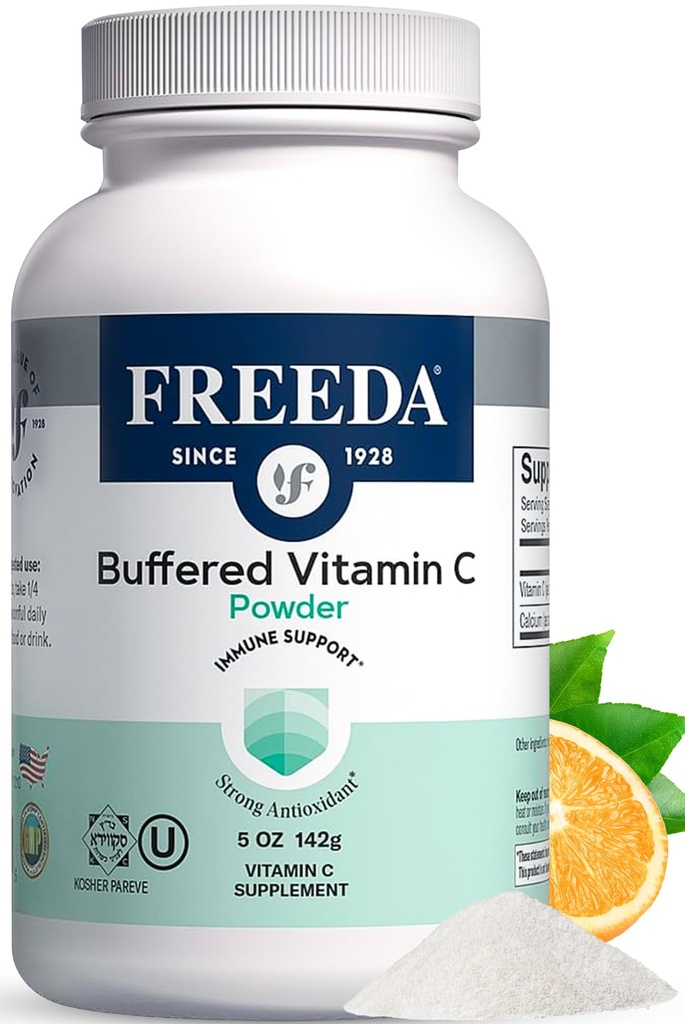 FREEDA Buffered Vitamin C σε σκόνη (Calcium Ascorbate) – Μη Ακιδική, Στομαχόφιλη βιταμίνη C για ευαίσθητα άτομα – Vegan, Kosher, χωρίς ζάχαρη ανοσοποιητική υποστήριξη – 5 oz