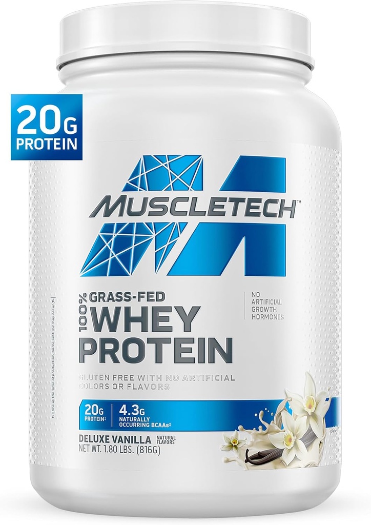 Muscletech Grass-Fed Whey Protein Powder (Deluxe Vanilla, 1.8LB) - Whey Protein Smoothie & Milk Shake Mix Supports Muscle Gain & Recovery - 20g of Whey Protein for Women & Men - Non-GMO & Gluten-Free