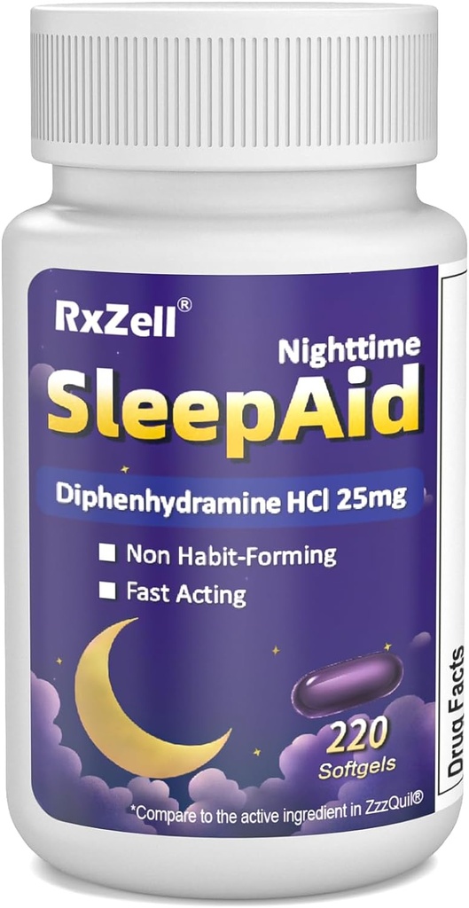 Sleep Aid, Diphenhydramine HCl 25mg, 220 Softgels - Fall Asleep Faster, Deeper Restful Sleeping, Non Habit-Forming