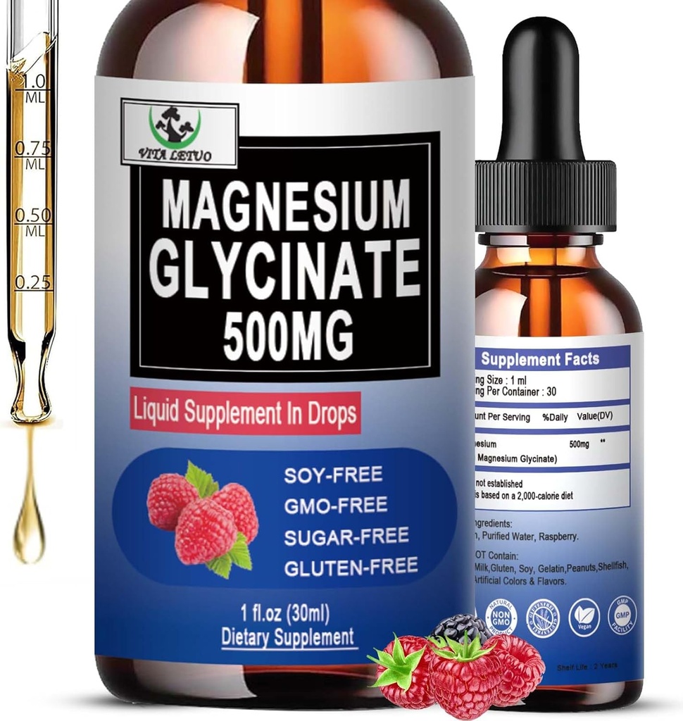 Γλυκινικό μαγνήσιο 500mg, Υγρό Γλυκινικό μαγνήσιο Σταγόνες 6X Υψηλή Απορρόφηση για τα οστά, τον ύπνο, τα κατακρημνίσματα ποδιών & την ανοσοποιητική υποστήριξη, Vegan, μη ΓΤΟ, Χωρίς γλουτένη 30 Σερβίρεις