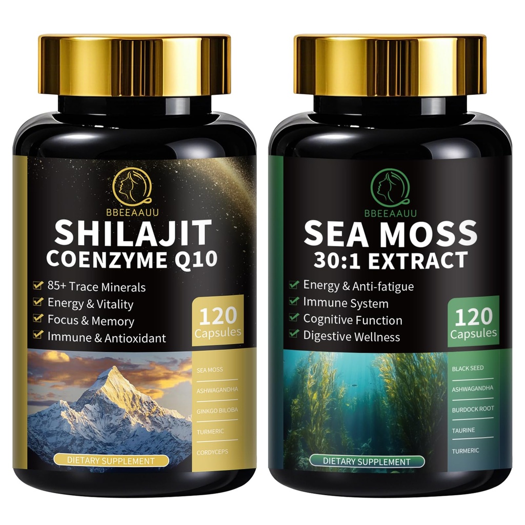 Shilajit για τους άνδρες, Sea Moss και Shilajit Bundle, Όλα σε 1 Συμπληρώματα με Συνένζυμο Q10, Μαύρος Σπόρος, Ashwagandha, Taurine, Burdock για ενέργεια, αντοχή, αντιοξειδωτικό & ανοσοποιητική υποστήριξη, 240 κάψουλες