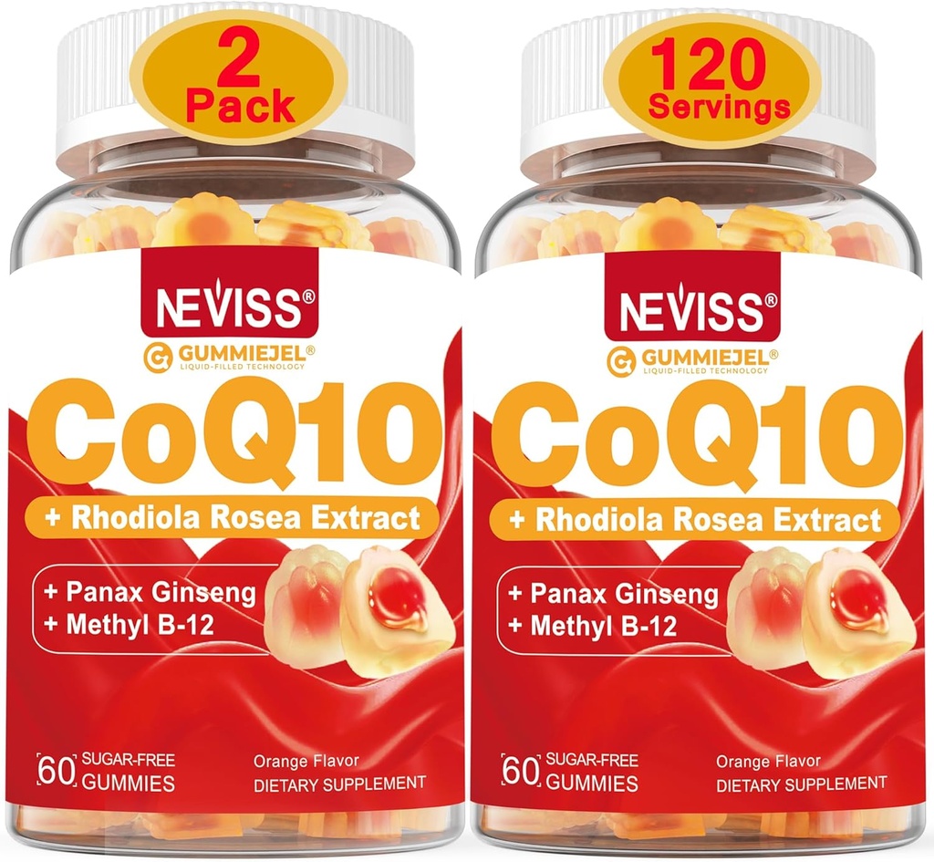 Χωρίς ζάχαρη NECISS CoQ10 Γεμισμένες καραμέλες με βιταμίνη B12 1000mcg, εκχύλισμα Rhodiola Rosea και Panax Ginseng, συμπλήρωμα βιταμίνης B6, συνένζυμο Q10, 2 συσκευασίες