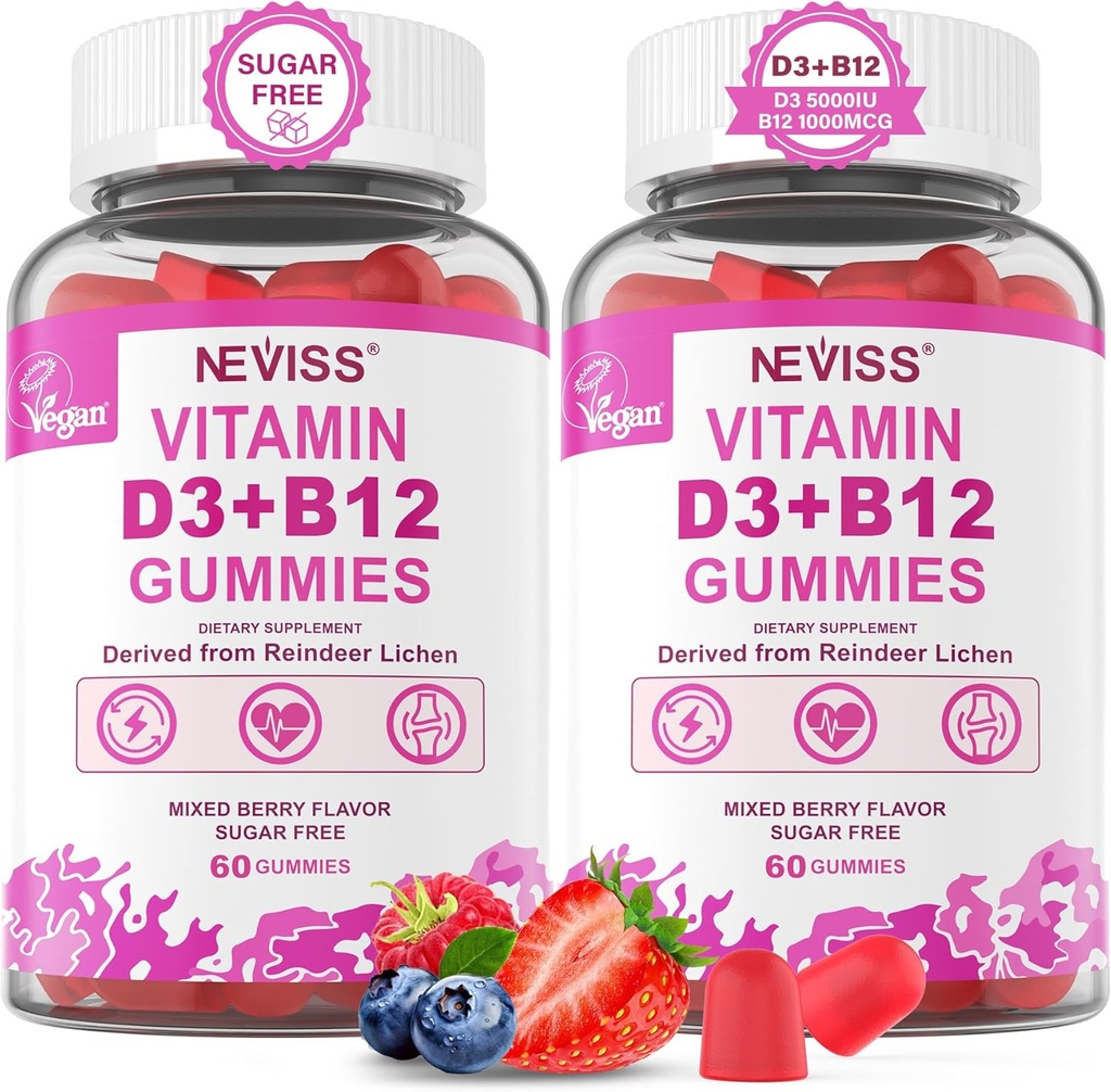 NEVISS 2Pack Vegan Βιταμίνη D3 + Βιταμίνη B12 Gummies, Υψηλή ισχύς D3 5000IU & 1000 mcg Μεθυλοποιημένη B12, Βιταμίνη D3 και B12 για ενήλικες, Υποστήριξη για την υγεία των οστών, ανοσοποιητικό & ενεργειακό συμπλήρωμα, 120 Count