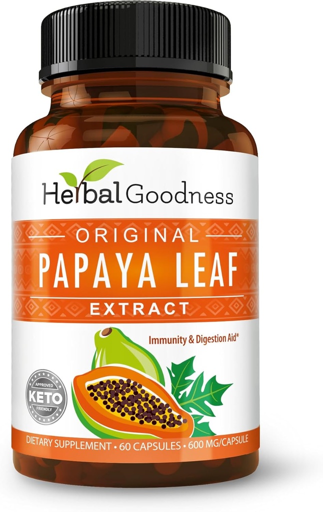 Papaya Leaf Extract Digestive Enzymes - 10X Strength 60/600mg Κάψουλες Veg- Αιμοπετάλια, Μυελό των οστών & Σπλήνα Υποστήριξη, Ανοσοποιητικό Ορός & Super Digestive Υγεία - Κατασκευάζεται στις ΗΠΑ από Herbal Goodness