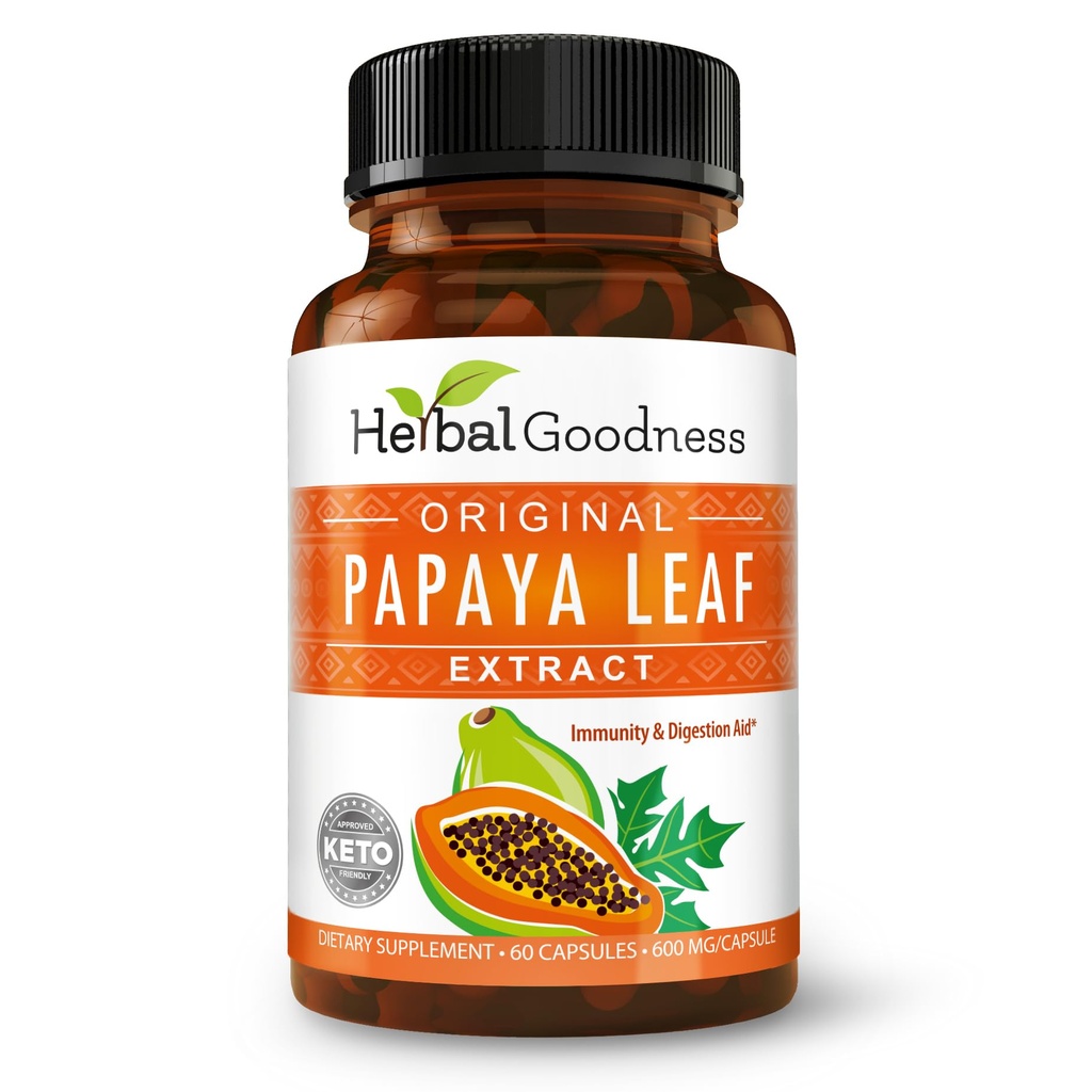 Papaya Leaf Extract Digestive Enzymes - 10X Strength 60/600mg Κάψουλες Veg- Αιμοπετάλια, Μυελό των οστών & Σπλήνα Υποστήριξη, Ανοσοποιητικό Ορός & Super Digestive Υγεία - Κατασκευάζεται στις ΗΠΑ από Herbal Goodness