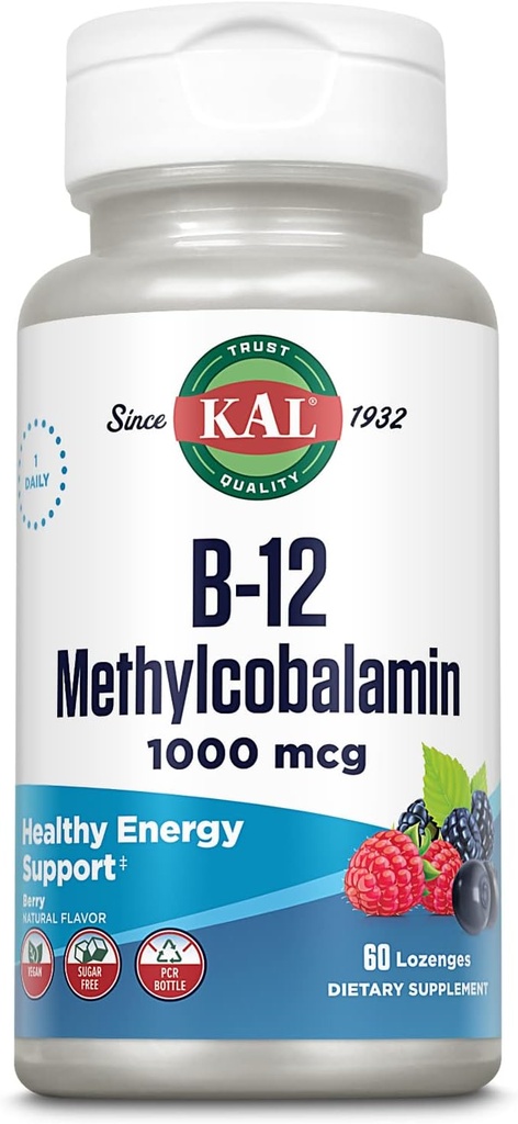 KAL Βιταμίνη B-12 Μεθυλοκοβαλαμίνη Lozenges 1000mcg, Υγιεινή ενέργεια, Μεταβολισμός, Νεύρο & Κόκκινο αίμα Υποστήριξη, * Βέλτιστη απορρόφηση, Φυσικό μούρο Γεύση, Vegan, Χωρίς ζάχαρη, 60 Μερίδες, 60 Lozenges