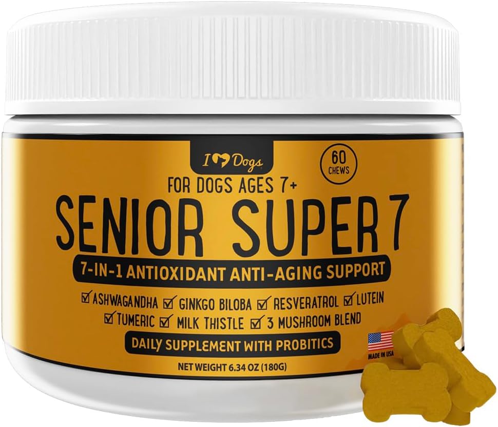 iHeartDogs Senior 7 Daily Dog Multivitamin - 7-σε-1 Βιταμίνη για σκύλους Υποστηρίζει την καταπολέμηση της γήρανσης με Αντιοξειδωτικά, Προβιοτικά, Mane Lion, Turkey Tail, & Ashwagandha για τη μακροζωία & Γνωστική ενίσχυση