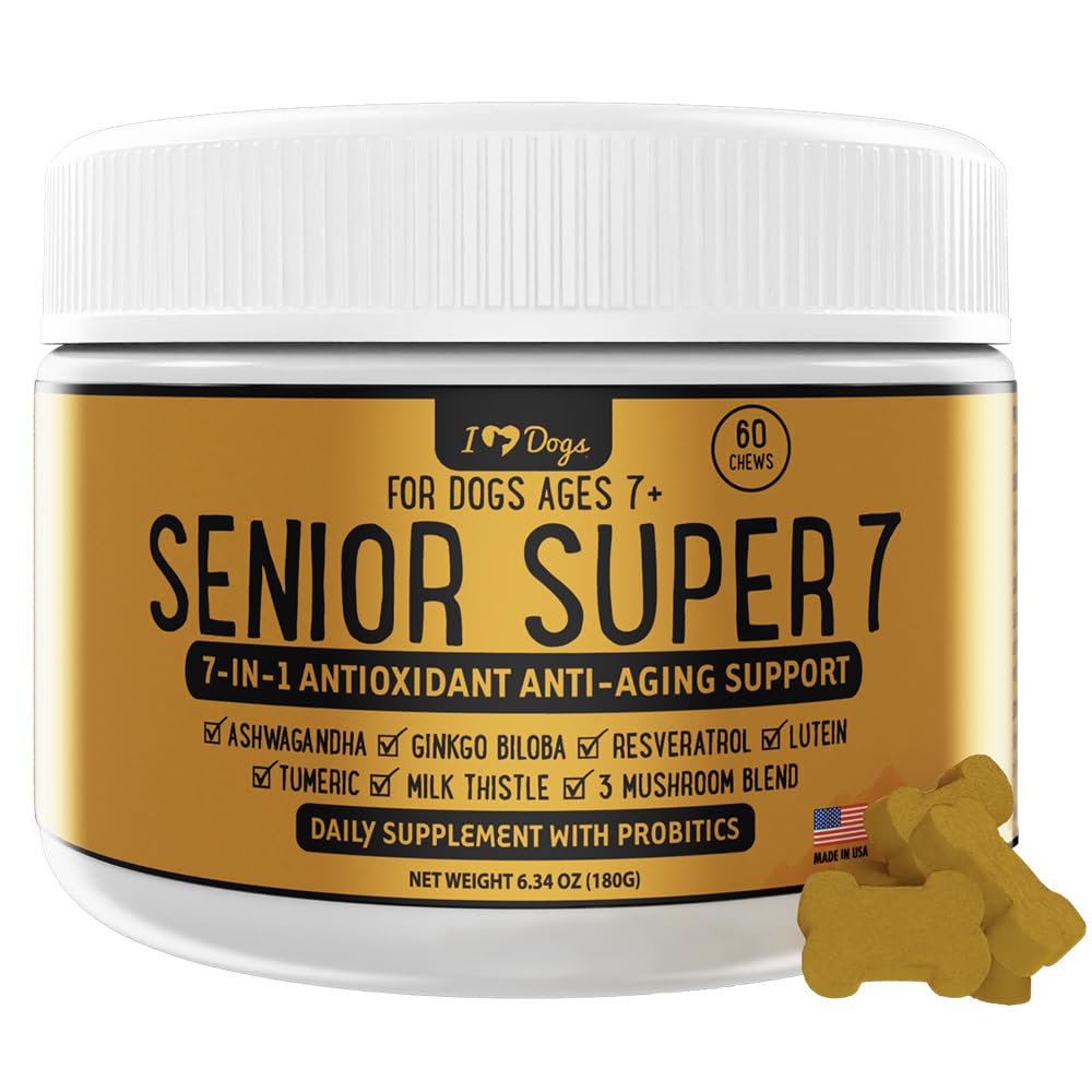 iHeartDogs Senior 7 Daily Dog Multivitamin - 7-σε-1 Βιταμίνη για σκύλους Υποστηρίζει την καταπολέμηση της γήρανσης με Αντιοξειδωτικά, Προβιοτικά, Mane Lion, Turkey Tail, & Ashwagandha για τη μακροζωία & Γνωστική ενίσχυση