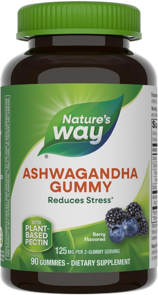 Nature's Way Ashwagandha Gummies, Reduce Stress with Adaptogenic Herb*, 125 mg Per 2-gummy Serving, Berry Flavored, 90 Gummies (Packaging May Vary)