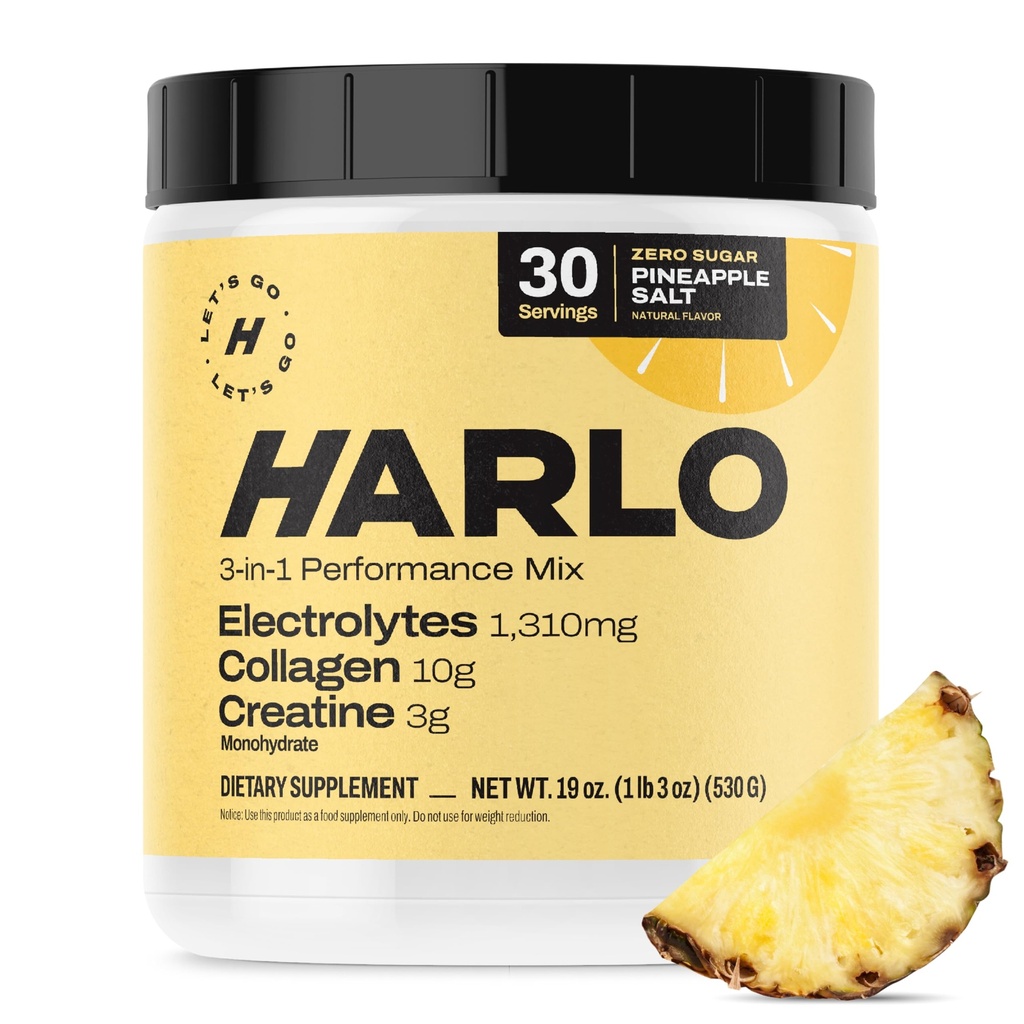 Harlo - Collagen & Create Electrolyte Drink Mix – Ανανάς Αλάτι Γεύση – Ενυδατική πριν & μετά την προπόνηση σκόνη – Υποστηρίζει το δέρμα, τις αρθρώσεις και την αποκατάσταση των μυών – Ζάχαρη-ελεύθερο ενεργειακό ενίσχυση