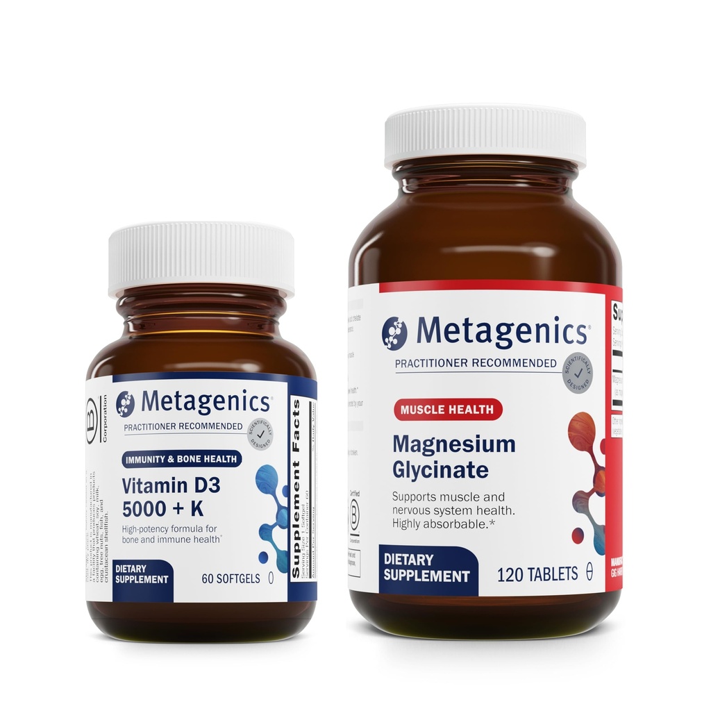Metagenics Essential Wellness Duo: D3 5.000 + K - Ανοσολογική Υποστήριξη, Υγεία των οστών και της καρδιάς - 60 Softgels & Εξαιρετικά απορροφήσιμο Γλυκινικό μαγνήσιο για τους μυς και την υποστήριξη του νευρικού συστήματος - 120 δισκία