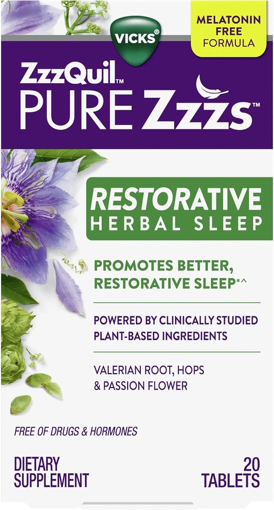 Vicks, ZzzQuil Pure Zzzs Αποκατάσταση βοτανικών δισκίων βοήθειας ύπνου, 20 κόμης