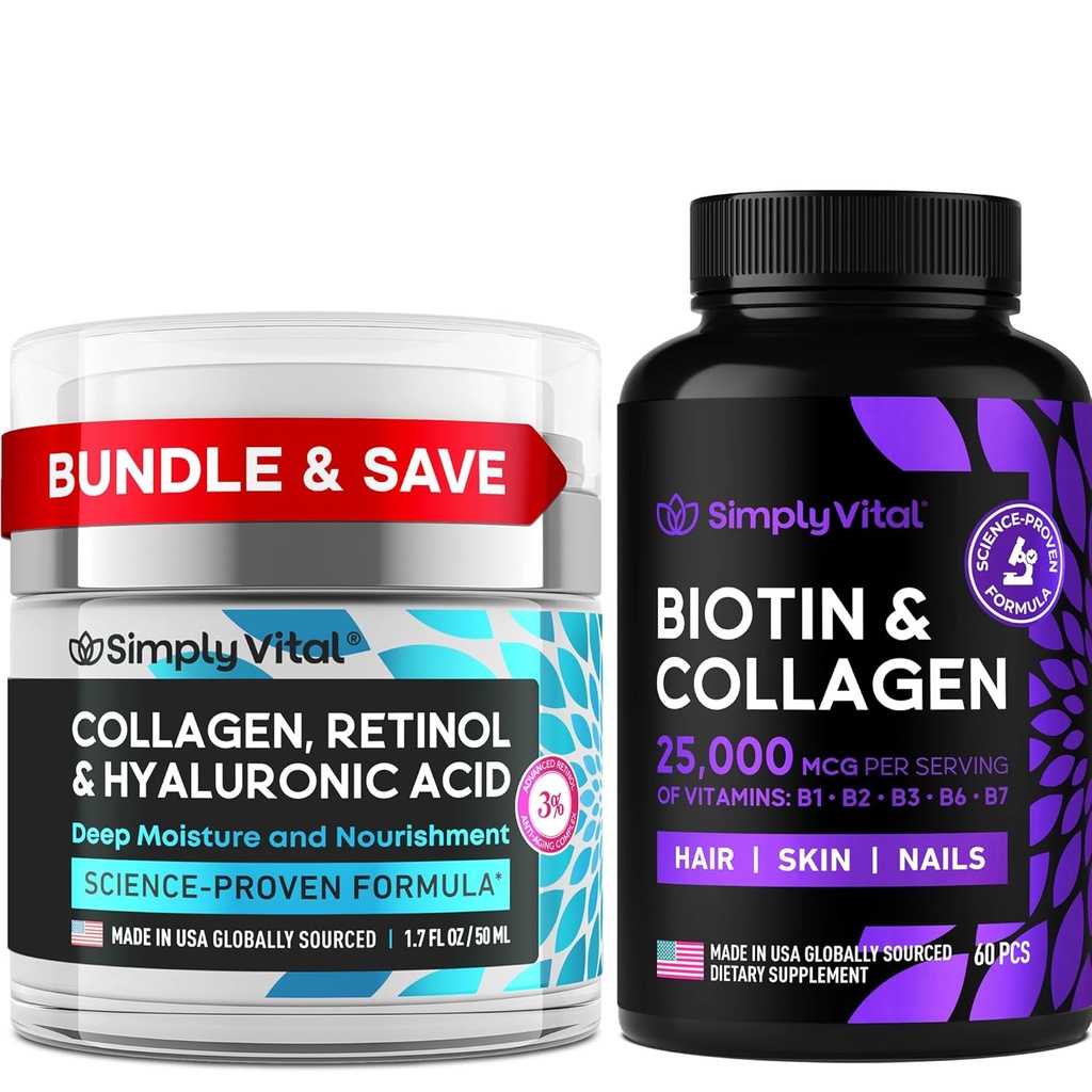 SimplyVital Biotin, Collagen & Retinol Bundle – 5000mcg Βιοτίνη για Μαλλιά, Δέρμα & Καρφιά + Αντιγηραντική Retinol & Hyaluronic Acid Cream για Κρέμα προσώπου, λαιμού & Décolleté – Made in USA