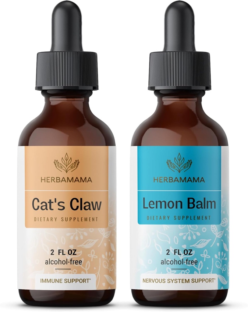 Herbamama Liquid Drops Kit - Bundle of Cat's Claw Extract 2 fl oz και Lemon Balm Tincture 2 fl oz - Vegan Herbal Supplement Liquid Extract - Μη ΓΤΟ, Ζάχαρη & Αλκοόλ- Δωρεάν - 2 Pack