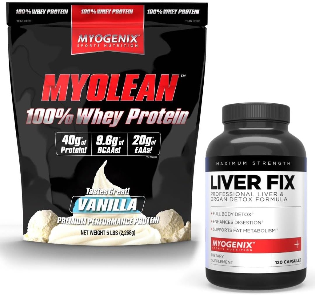 Myogenix συμπλήρωμα υποστήριξης ήπατος & Myolean Vanilla πρωτεΐνη ορού γάλακτος – Προηγμένη ηπατική υγεία & αποκατάσταση των μυών με 40g υψηλής πρωτεΐνης ορού γάλακτος – υποστήριξη Detox, ανάπτυξη & απόδοση