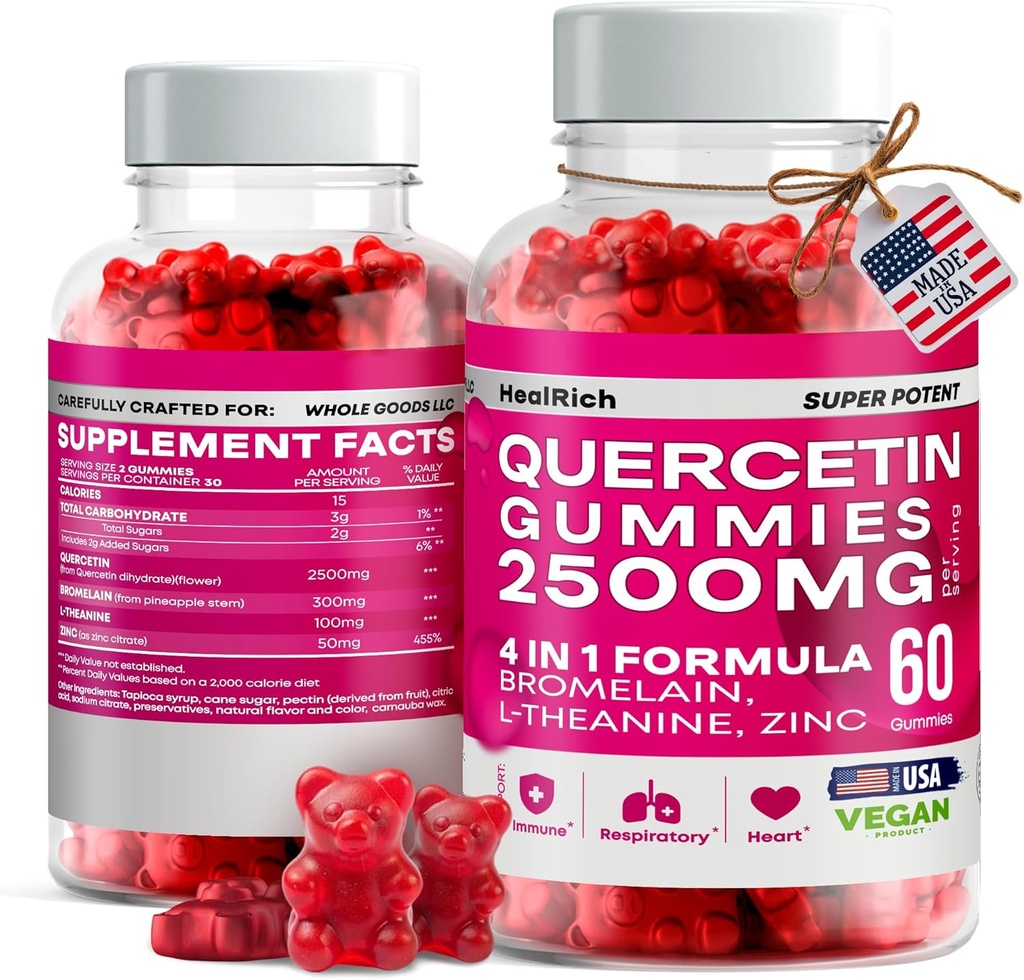 Quercetin Gummies - 2500MG με Bromelain, L-Θεανίνη και ψευδάργυρο Vegan ανοσοποιητική υποστήριξη συμπλήρωμα για τα παιδιά και τους ενήλικες - Αλλεργία ανακούφιση & πνεύμονα υγεία