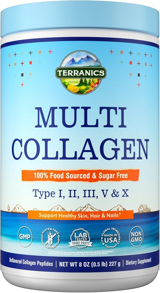 Terranics Multi Collagen Peptides Powder, Type I II III V X Collagen για γυναίκες & άνδρες, Collagen Συμπληρώματα για το δέρμα, νύχια, μαλλιά, εύκολο στη διάλυση, Unflaved, Χωρίς ζάχαρη, Keto, 8oz