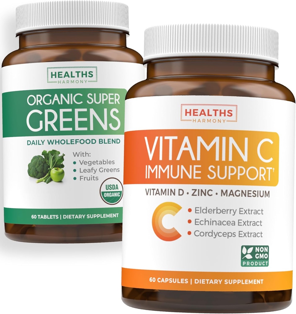 Super Greens & Vitamin C (1-Month Supply) Πράσινο & C Synergy Bundle of Organic Super Greens Powder - Complete Superfood (60 Κάψουλες) & Vitamin C Immune Support (60 Vegetarian Caps) (Non-GMO)
