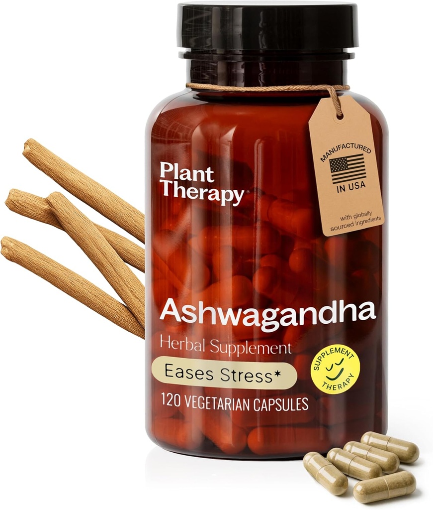 Plant Therapy Ashwagandha Κάψουλες Κατασκευάζονται στις ΗΠΑ 4 Μήνες Προαγωγή Χαλάρωσης και Συναισθηματικής Ισορροπίας Συμπληρώματα για Γυναίκες & Άνδρες 120 Χορτοφαγική Κάψουλα