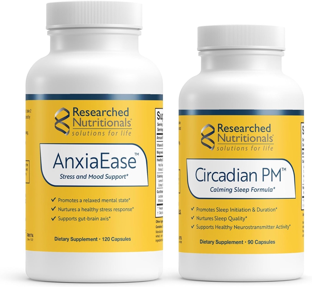 Researched Nutritionals Relaxation Support Bundle - AnxiaEase Stress, Cortisol Management & Mood Supplement (120 Κάψουλες) & Circadian PM for Peaceful Nights (90 Κάψουλες)